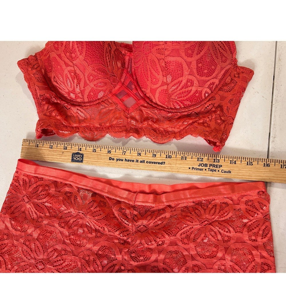 Coral Red Floral Lace Lingerie Set Longline Bra Boyshorts xLARGE stretchy  40D - Picture 7 of 8